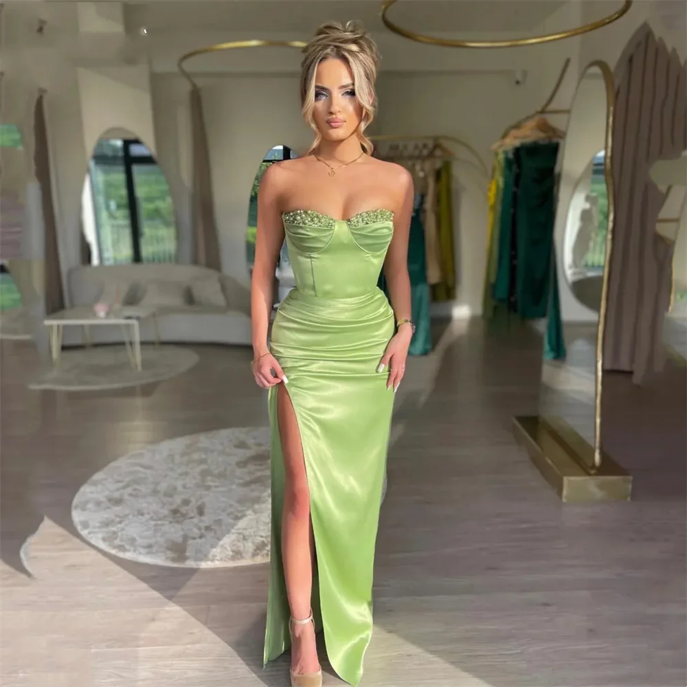 Grass Green فساتين السهرة Strapless Mermaid Vestidos De Noche Elegant Sleeveless Sexy Side High Split Prom Dresses 2024