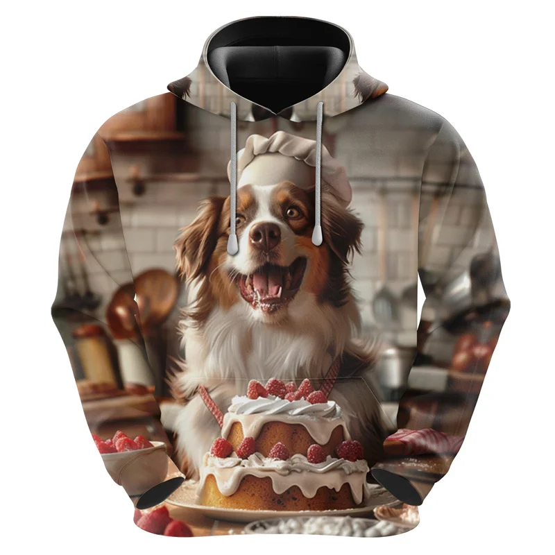 3D Printed Cute Pastry Chef Dog Hoodies For Men Funny Cake Animal Graphic Sweatshirts Casual Loose Pullovers Tops Unisex Hoody