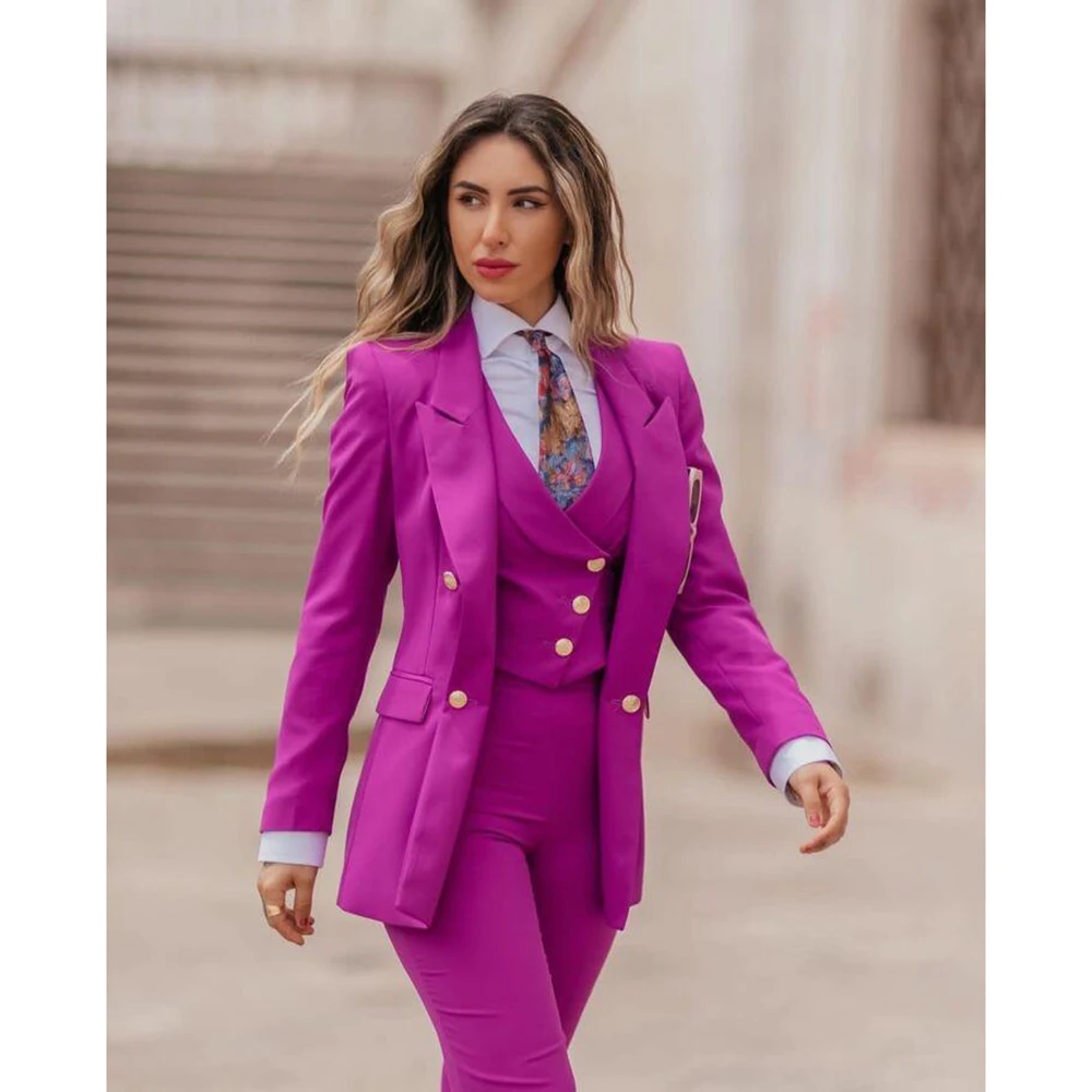 Beautiful Pink Women Suit Custom Made Long Sleeve Evening Fashion Wear 3 Pieces(Jacket+Pants+Vest)