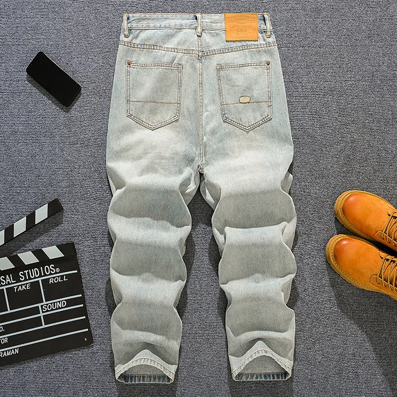 

Американский модный бренд, свободные прямые джинсы для мужчин, уличный стиль хип-хоп, ретро, уличные рваные широкие брюки с нашивками
