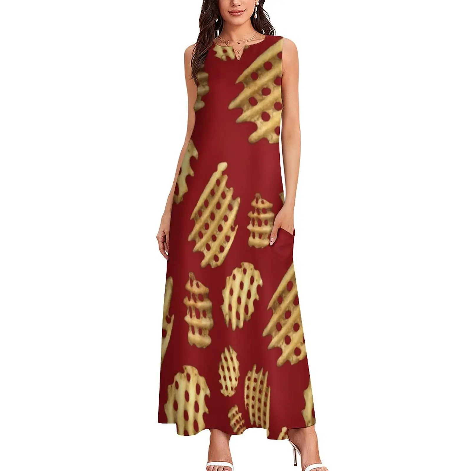 Crunchy Waffle Fries Langes Kleid Kleidung für Frauen Ballkleid Sommerkleid Damen 2025, Kleid