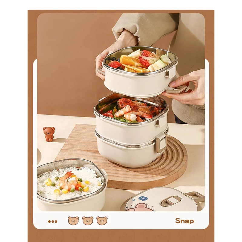 304 Stainless Steel Insulated Lunch Box With Spoon Stacked Bento Box Portable Cute Food Box Leak Proof Food Container