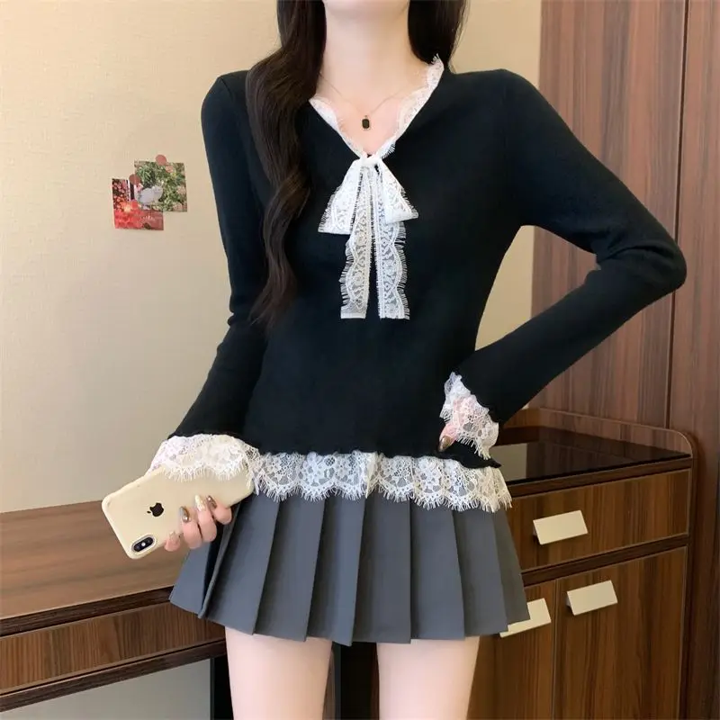 Модный французский темпераментный кружевной свитер с бантом, женский осенне-зимний тонкий базовый свитер с длинными рукавами