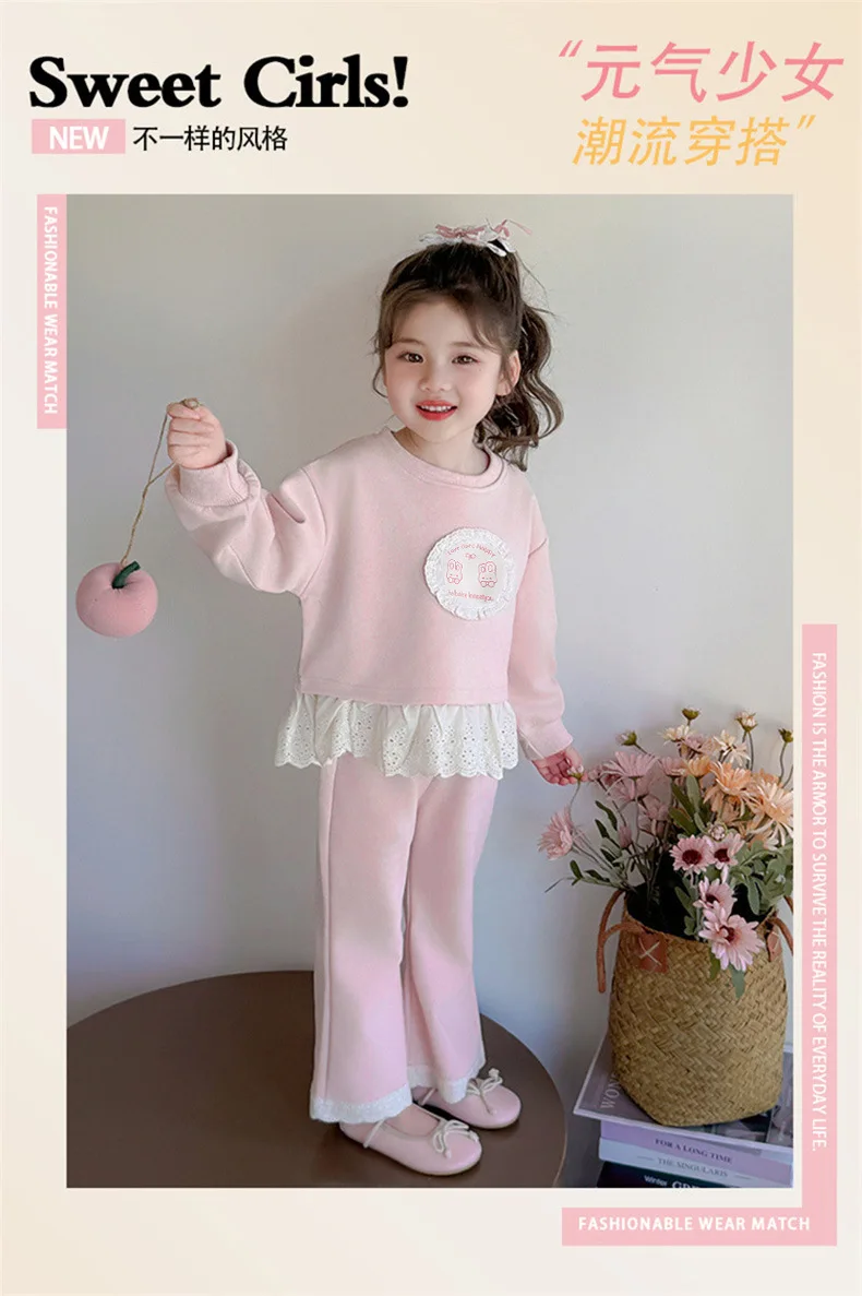 2026 Neues Herbst-Set für Mädchen, 2-teilig, Kinder-Sweatshirt mit süßem Muster, Spitze und Rüschensaum, Hosenanzug, lässiges Prinzessinnen-Outfit für Kinder, 0-10 Jahre – Detail 1
