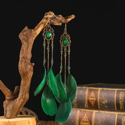 New Bohemian Crystal Copper Chain Feather Long Drop Earrings for Women Retro Gypsy Ethnic Temperament Gold Color Jewelry Gift