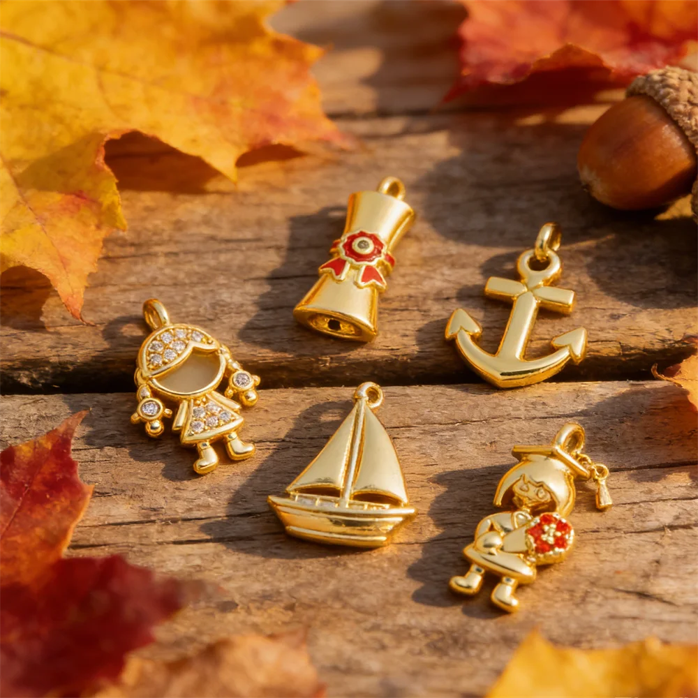 4Pcs Pendant Brass Zircon Handmade Cute Cartoon Anchor Sailboat Graduation Charm DIY Jewelry Making Bracelet Necklace Accessorie