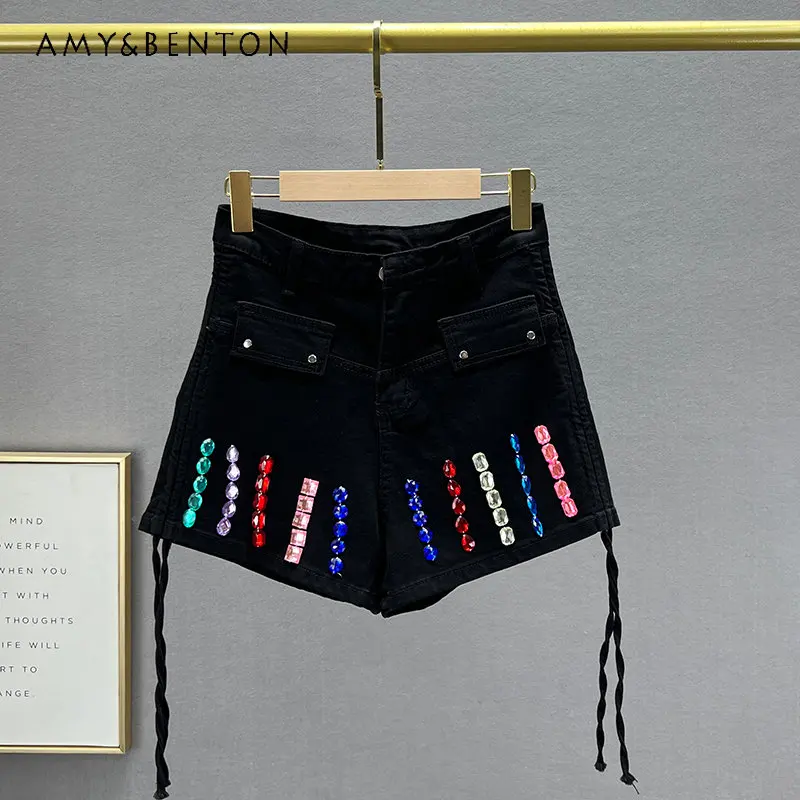 

Small Denim Shorts Women 2023 New Summer High Waist Slim Fit Slimming European Style Colorful Crystals Wide Leg Hot Short Pants