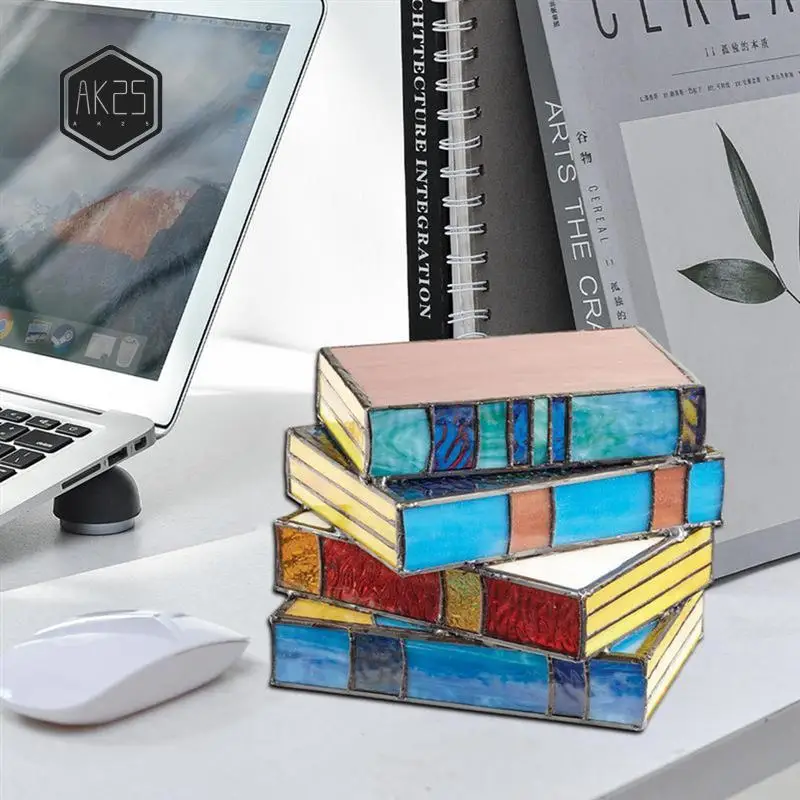 

AK25-Stacked Books Lamp Home Decor Nightstand Table Lamps Glass Vintage Reading Book Lamp Stained For Household Reading Light Du