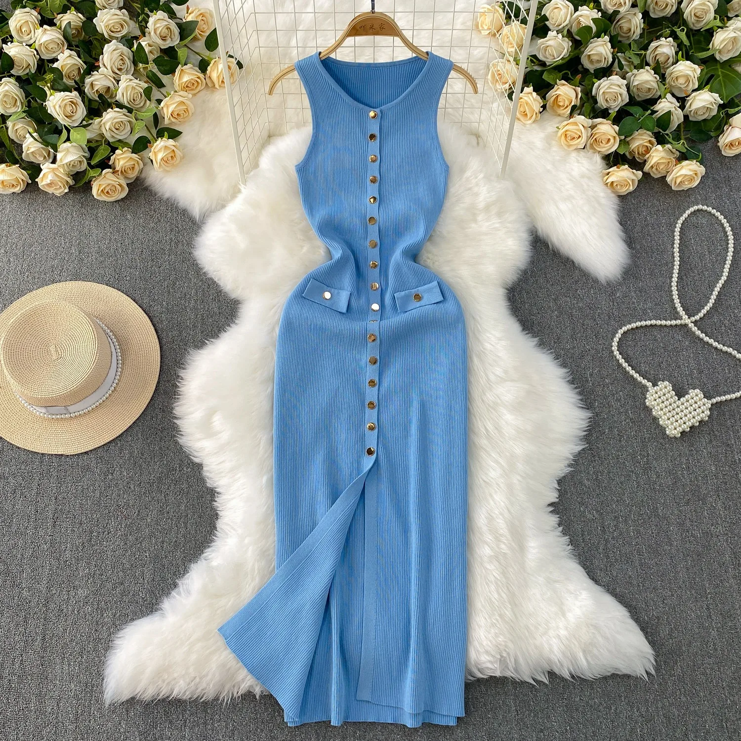 YuooMuoo Brand Style Women Knitted Maxi Dress 2026 New Spring Summer Single-breasted Sleeveless Bodycon Lady Dress Party Vestido