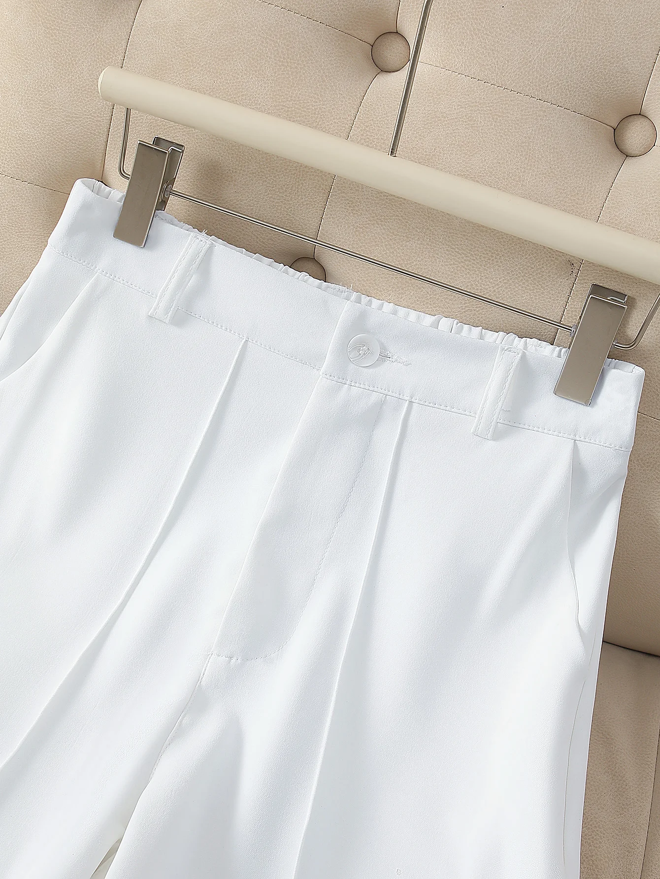 Elegante casual effen damespakbroek, lange broek met knooprits en elastische taille