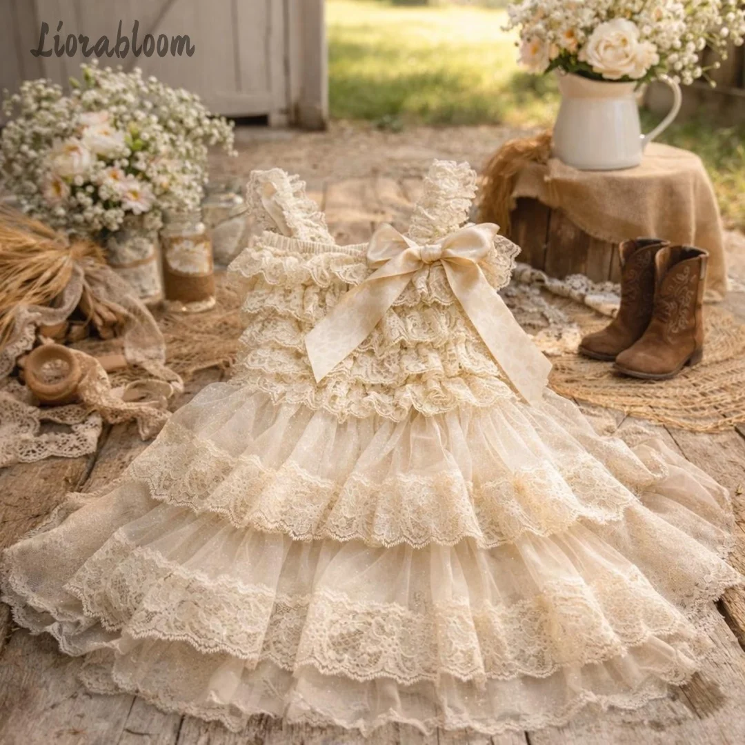 Girls' Tiered Lace Formal Dress Lace-Trimmed Spaghetti-Strap Dress Custom-Made Ethereal Flower Girl Gown свадебное платье