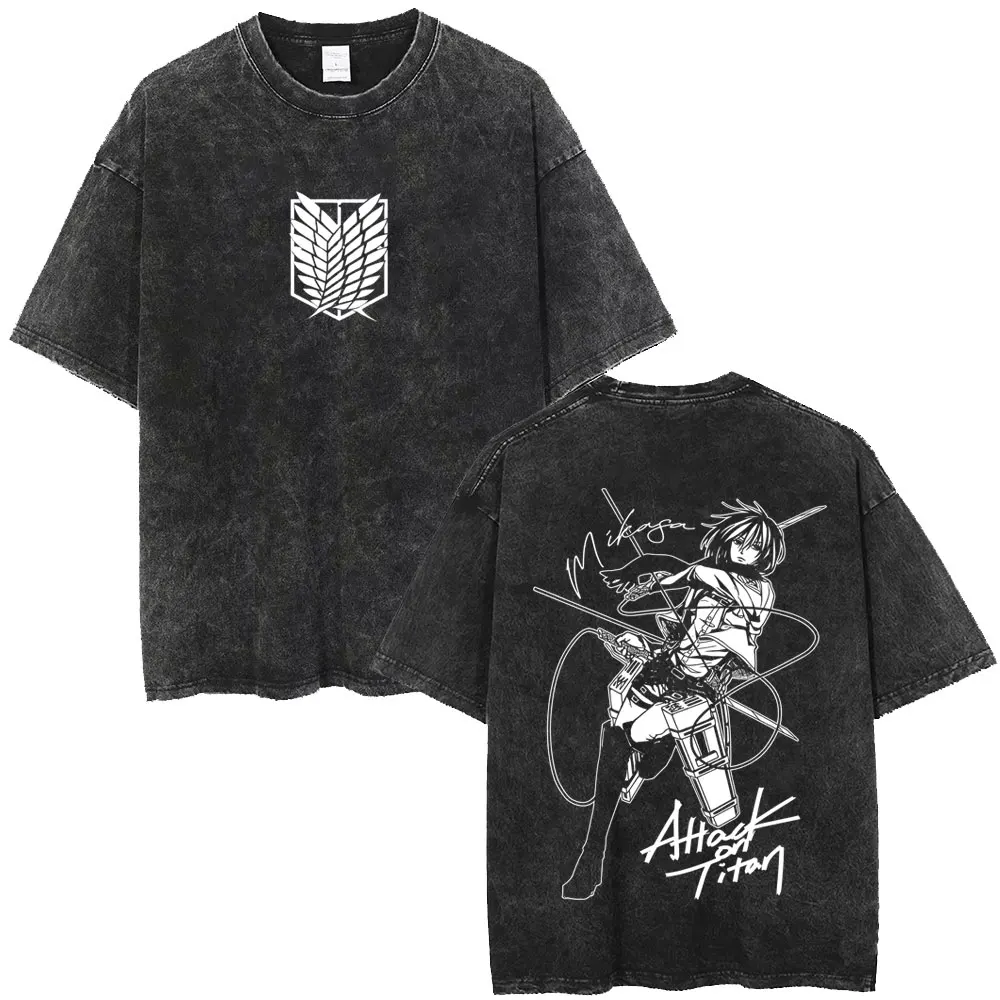 Camisetas Gráficas Vintage Lavadas de Anime Ataque a los Titanes Mikasa Ackerman para Hombre y Mujer, Camisetas Oversize de Merchandising de Manga y Dibujos Animados