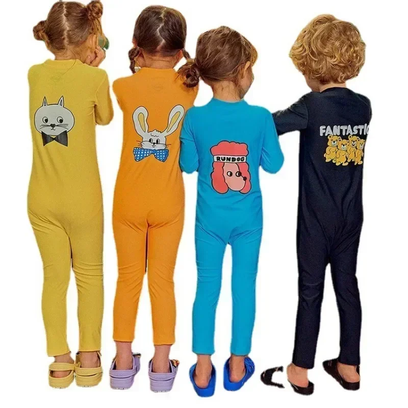 New Summer Baby Girls Boys Swimwear Cartoon Print Zipper Long Sleeve One Piece Swimsuit Children Sunscreen Beach Clothes E23107