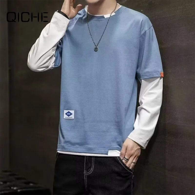 QICHE 2026 Spring Autumn Men Loose Fake Two Piece Long Sleeve Top, Crew Neck Streetwear Base Shirt