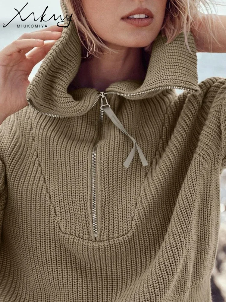 MiuKoMiYa Thick Zipper Sweaters For Women Fashion 2023 Khaki Pullovers Zip Up Loose Solid Women Sweater With Zipper For Woman