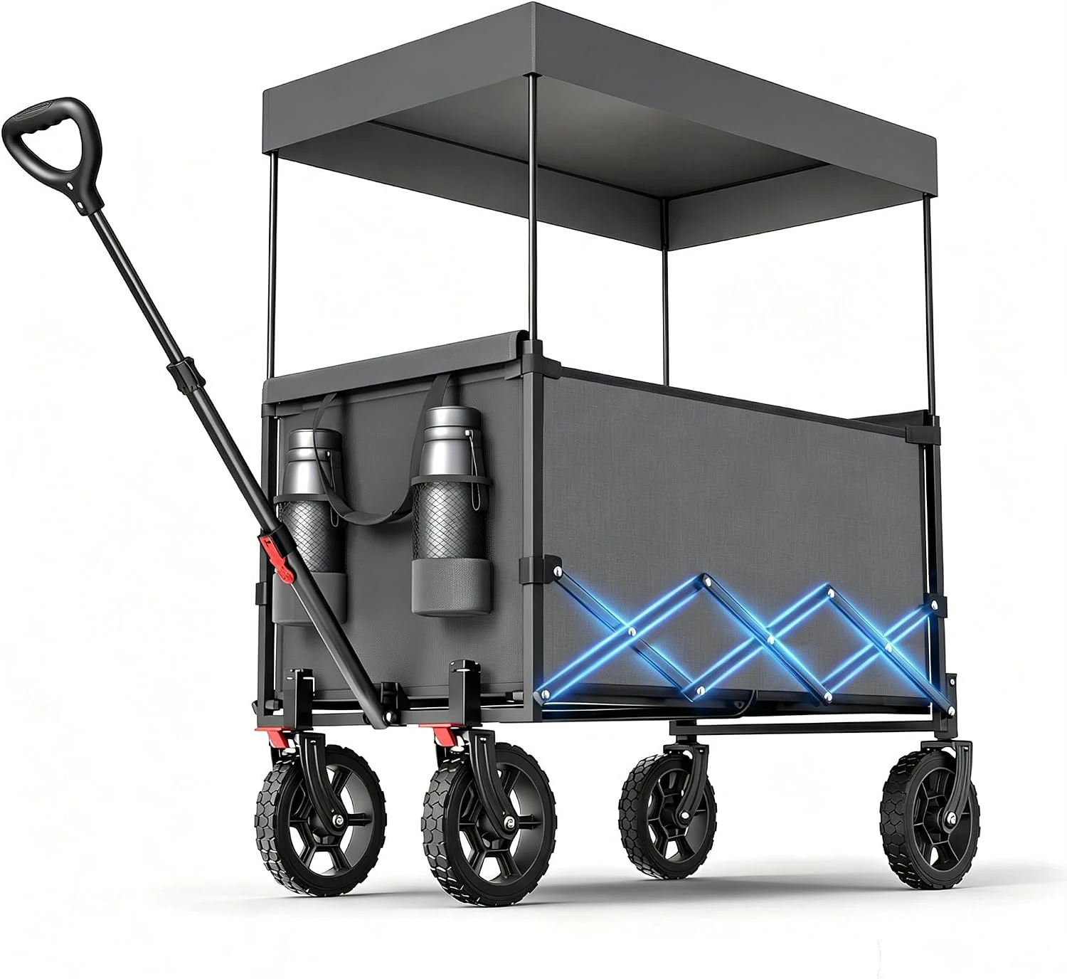 Carrello pieghevole per bambini, taglia XXL, con tettuccio parasole rimovibile, capacità di 150 litri, portata massima di 150 kg, ideale per gite in spiaggia, campeggio e altre attività all’aperto.