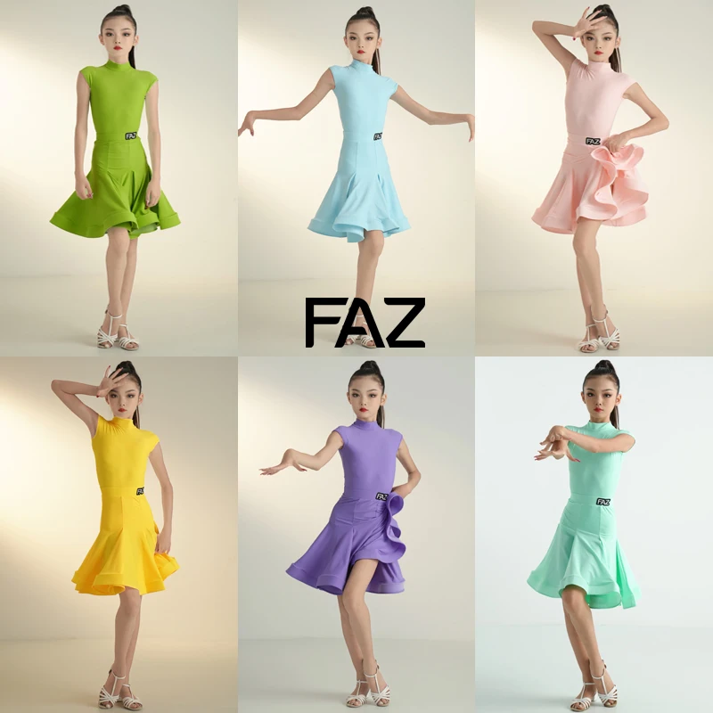 

Summer Children's Latin Dance Competition Dance Dress for Girls Professional Standard Bag Shoulder Sleeveless Quality Dance Skir
