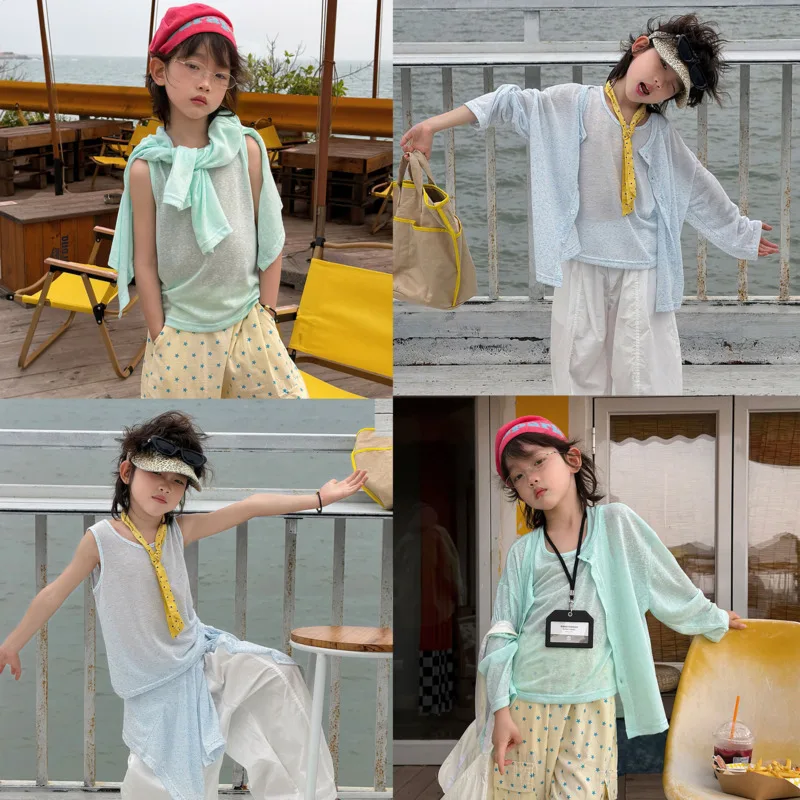 26 Spring Summer New Children Clothes Boy Girl Colorful Ultra-thin Vest And Sunscreen Cardigan Top 2piece Set 5-12 Years Outfit