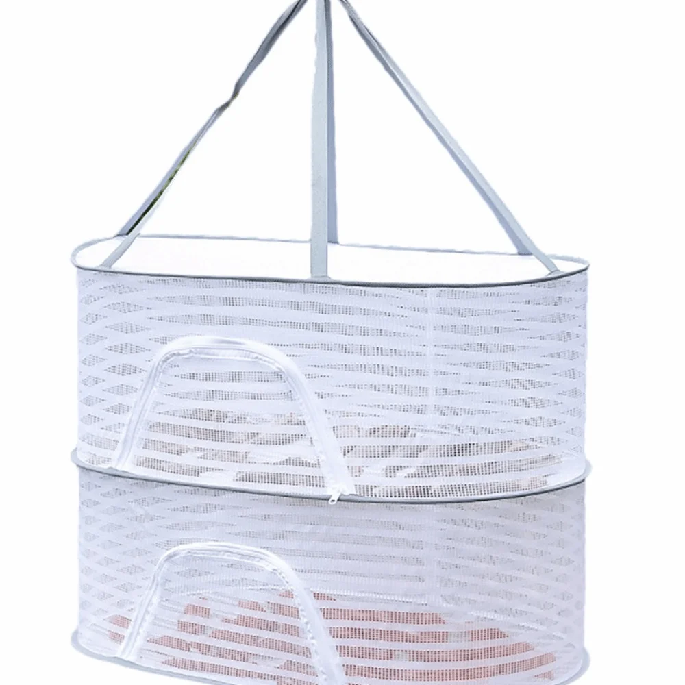 Foldable Two Layer Hanging Drying Rack Zipper Closure Breathable Mesh Collapsible Drying Net Food Mesh Dryer For Fruits