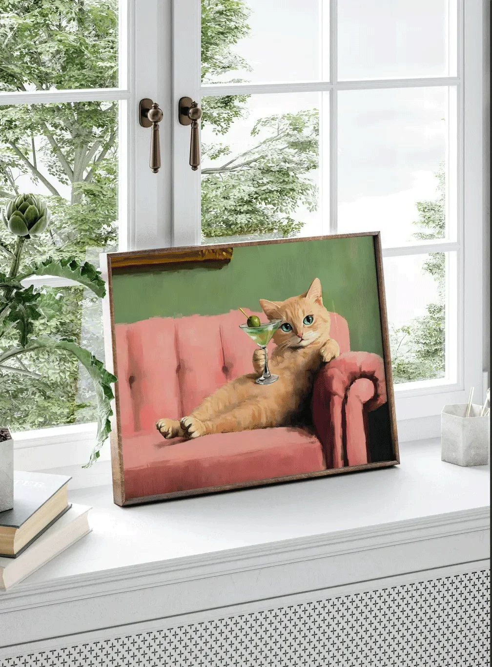 Rétro Orange chat Martini mur Art Bar chariot décor Cocktail Art Bar décor Vintage peinture à l'huile gingembre chat impression éclectique mur Art