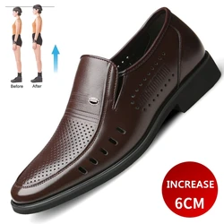 Sapatos de couro formal masculino, sapatos de elevador de couro de qualidade, buraco respirável macio Oxford, aumento de altura, verão