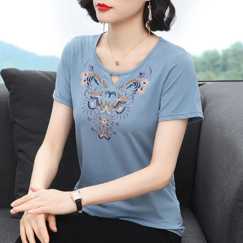 Trendy Women\'s Clothing Summer Pullover Short Sleeve Round Neck Hollow Out Plant&Flowers Embroidered T-shirt Casual Elegant Tops