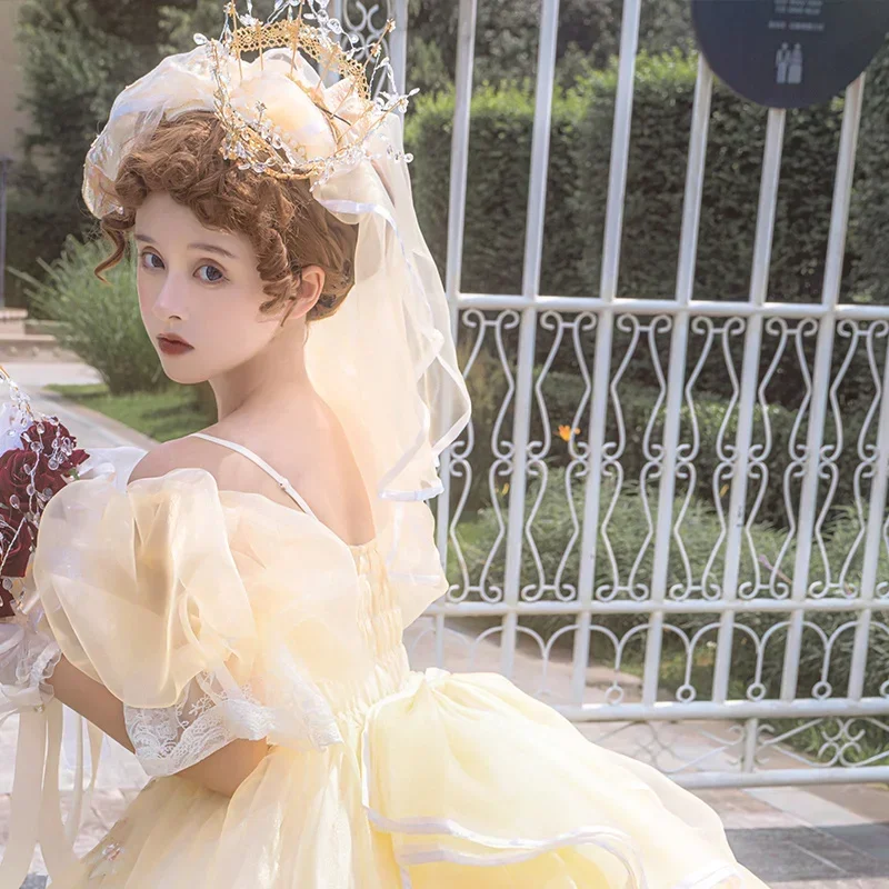 Zomer Japanse Gele Lolita Jsk Jurk Sweet Lolita Straped Jurken Dames Strik Jsk Vrouwen Lace Loli Kawaii Trouwjurk