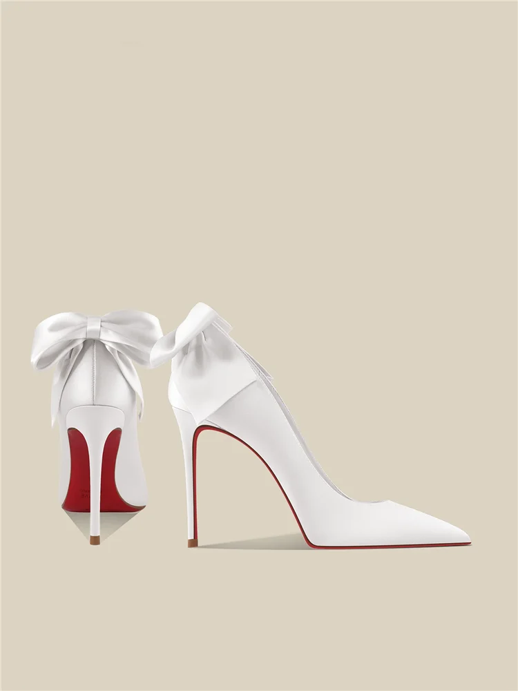 Spring new pointed shallow mouth silk bow bow red sole low heel wedding shoes party versatile slim heel high heels women's shoes