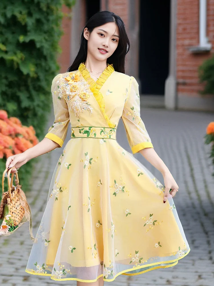 

Lotus Leaf Edge Chiffon V-neck Elegant Dress For Women In The Summer Of 2025, New Waist Cinching And Slimming Mesh A-line Dress