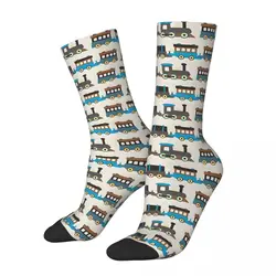Funny Crazy Sock for Men Blue And Brown Wooden Toy Train Harajuku Breathable Pattern Printed Crew Sock Casual Gift