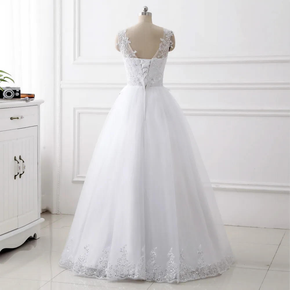 Cheap Simple A Line Satin Netting Tulle V Neck  Floor Length Applique Sequin Wedding Dresses Bridal Gown Corset Back