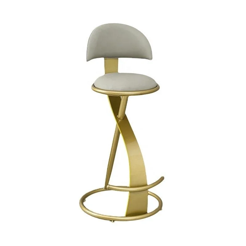 Grey Velvet Bar Stool with Abstract Twist Gold Iron Base and Foot Rings