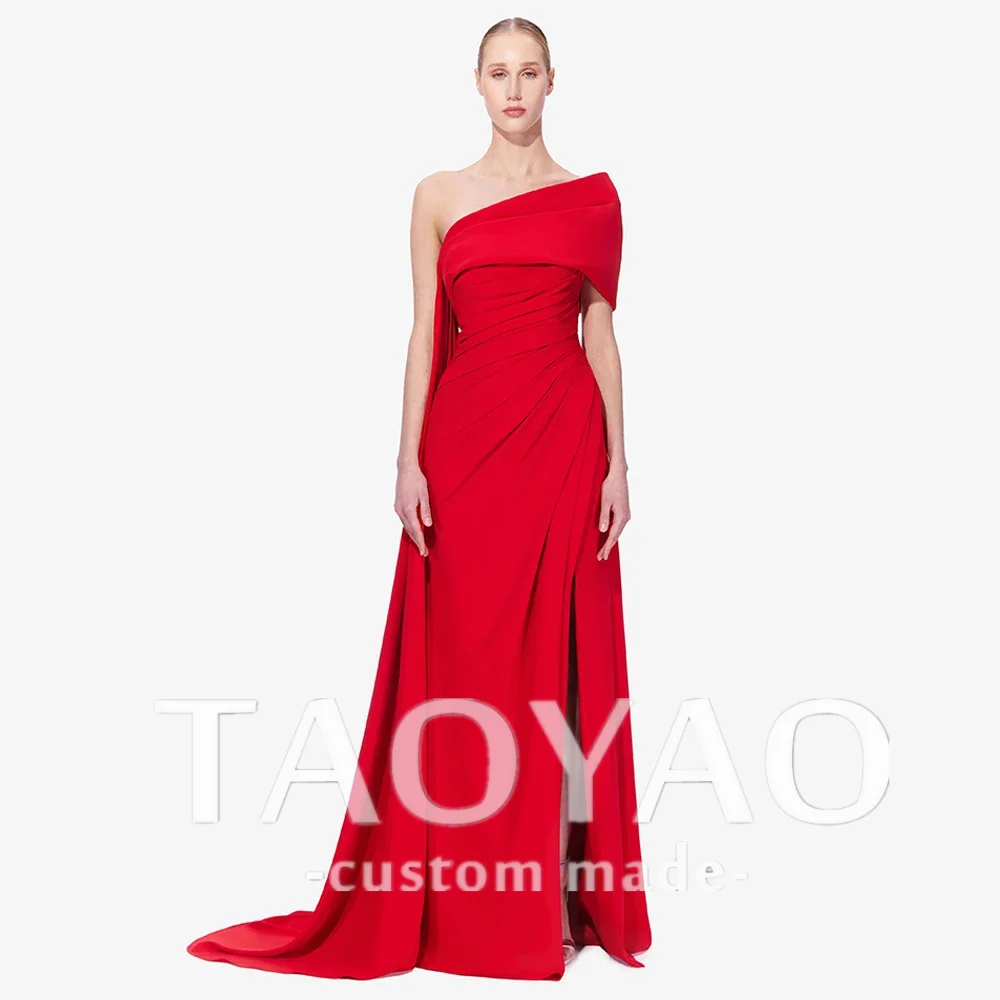 Red Evening Dress Robe De Soiree Elegant One Shoulder Ruched Pleat Slit Mermaid Slit Prom Gown Saudi Arab Formal Party Dresses