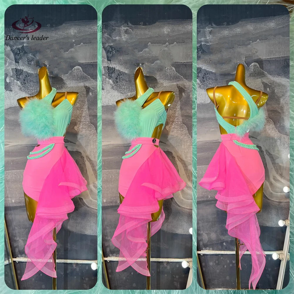 Latin Dance Rhinestone Women\'s High-end Customized Mint Green+rose Pink Contrasting Samba Performance Dress