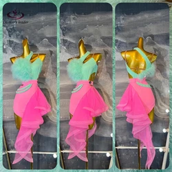 Latin Dance Rhinestone Women's High-end Customized Mint Green+rose Pink Contrasting Samba Performance Dress