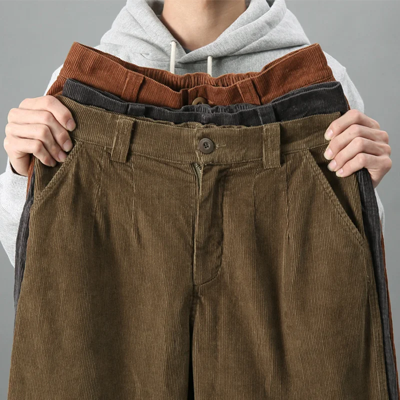 Corduroy Baggy Men Pants Brown Black Winter Autumn Japan Style Vintage Clothing Loose Oversize Casual Capris Pants Male Trousers