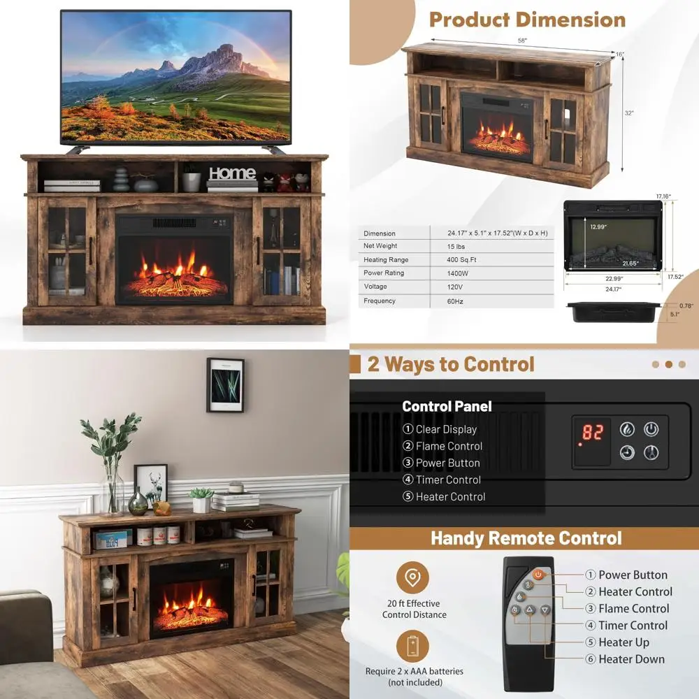 

65 TV Electric Fireplace Stand with 1400W Heater, Remote, Timer, Adjustable Flame Settings