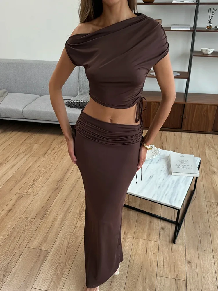 

Tuularose Brown Long Dress Set Solid Lace-up Strapless Top Slit Skirt Set Vintage Party Elegant Women Long Dress Two Piece Lady