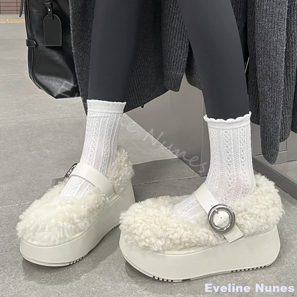 سميكة سوليد امبسوول الصوف الدافئة ماري جين أحذية النساء جولة تو جوفاء كلمة واحدة حزام فروي أحذية جديدة بيضاء عدم الانزلاق لطيف الأحذية