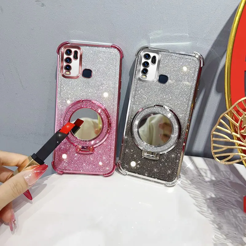 Glitzernde, stoßfeste Handyhülle mit vier Ecken, Spiegelständer und Perlenband für Vivo Y30 Y30i Y50 4G Rückseitenhülle.