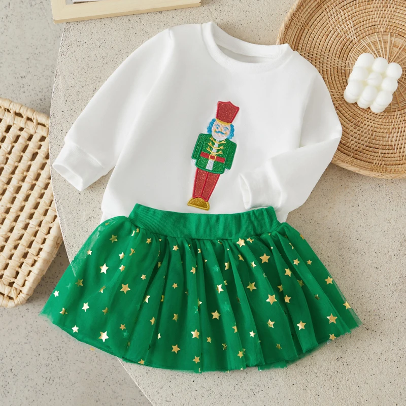 Suefunskry Baby Girl Christmas Outfit Soldier Embroidery Long Sleeve Sweatshirt with Shiny Star Print Elastic Waist Tulle Skirt