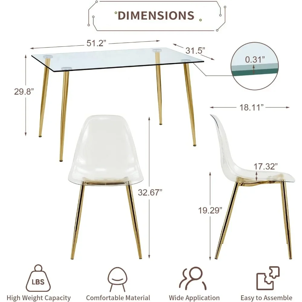 51 inch 4-person glass dining table set, glass rectangular tabletop and transparent plastic dining chairs, free delivery