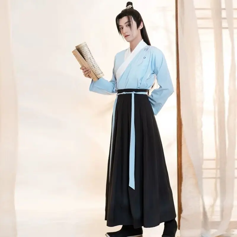 

Chinese Hanfu Men Vintage Traditional Embroidery Hanfu Halloween Cosplay Costume Blue Shirt+Skirt 2pcs Sets Hanfu Plus Size 3XL