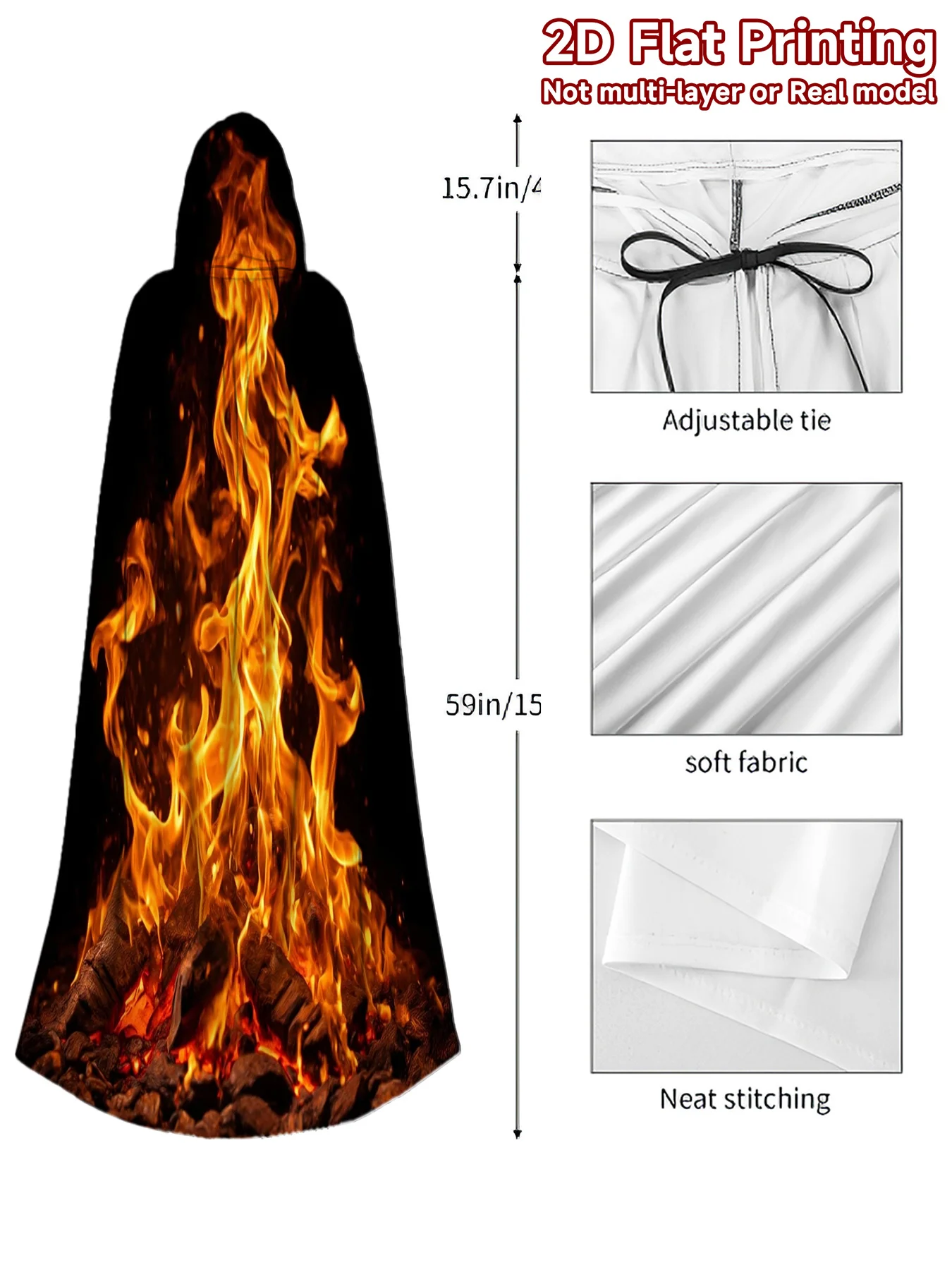 Customization 1pc Fiery Flames On Coals Hooded Robe - Full-Body Flame Print Costume Cloak Suitable For Cosplay, Themed Parties,