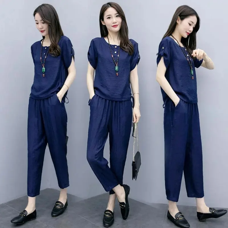 2025 New Summer Two-Piece Women's Fashion Leisure Suit Ladies Age-Reducing Outfit Slim Pants Cotton Set Goddess Fan Female Tops