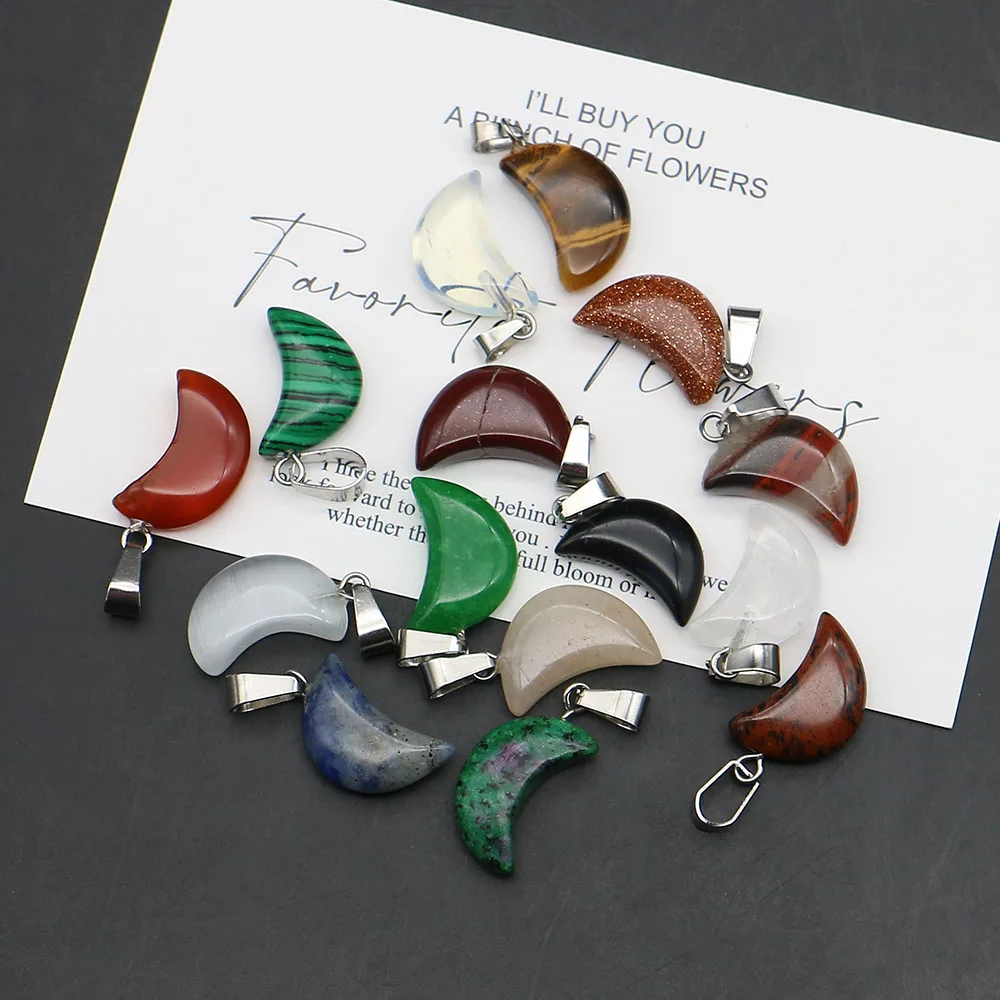 Natural Stone Crystal Tiger Eye Polished Moon Shape Agate Single Hole Pendant with Bail Clasp for DIY Necklace Earring Jewelry