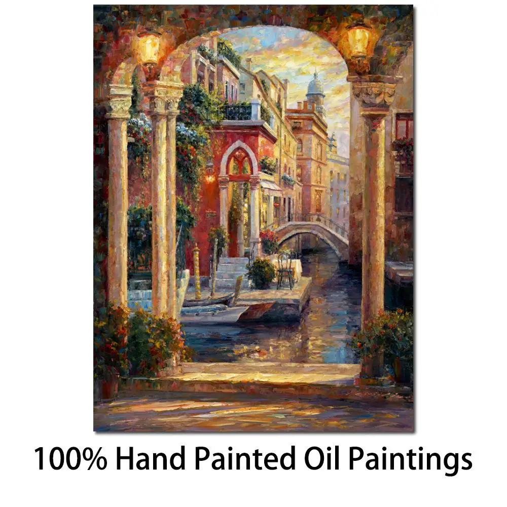 Canvas Art Contemporary Painting Oil Handmade Venice Village Landscape Picture Colorful Artwork for Living Room Wall Decoration