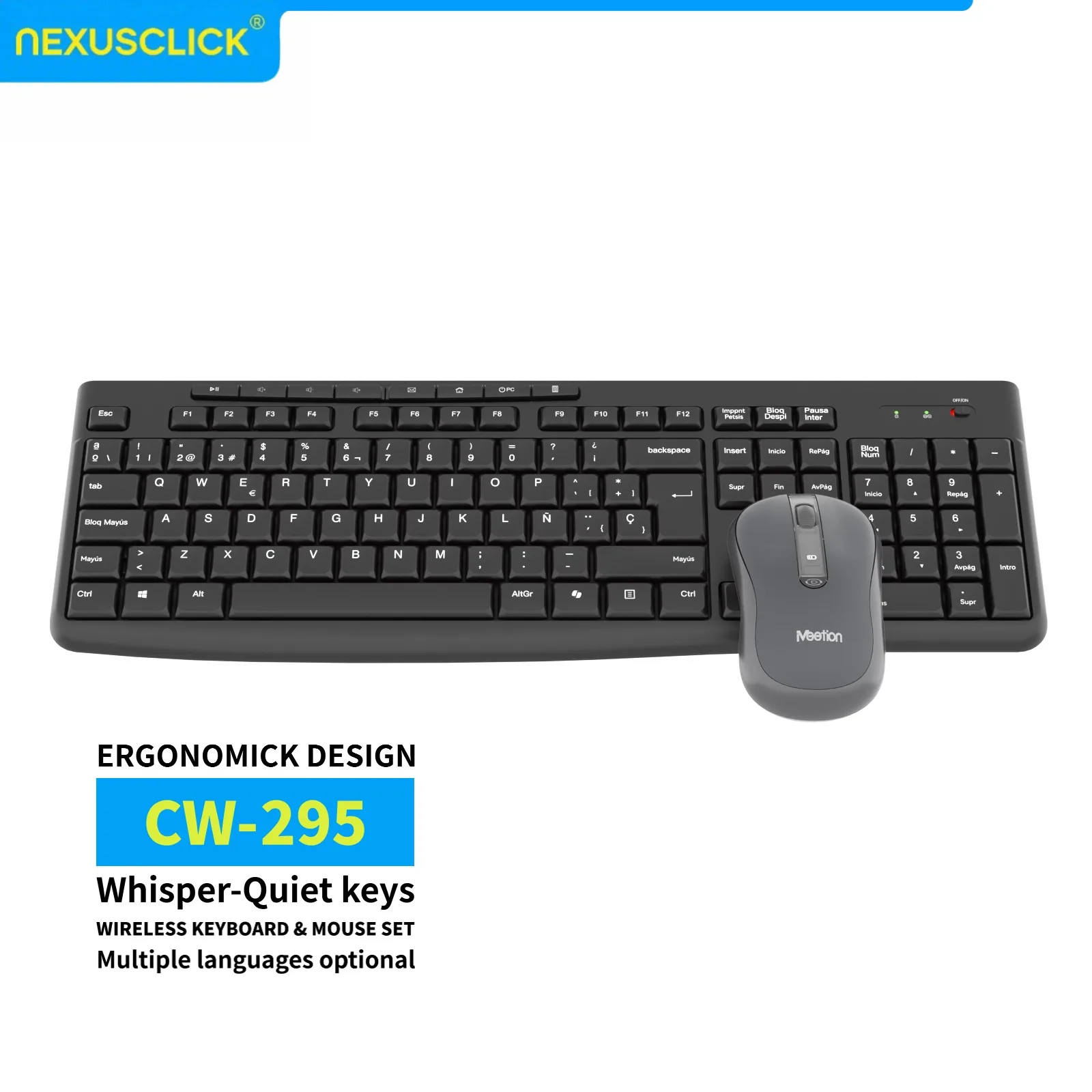 NexusClick Low-Profile Ergonomic Wireless Keyboard Mouse Combo,2.4G Silent Whisper-Quiet Office&Home Battery Powered For Laptop