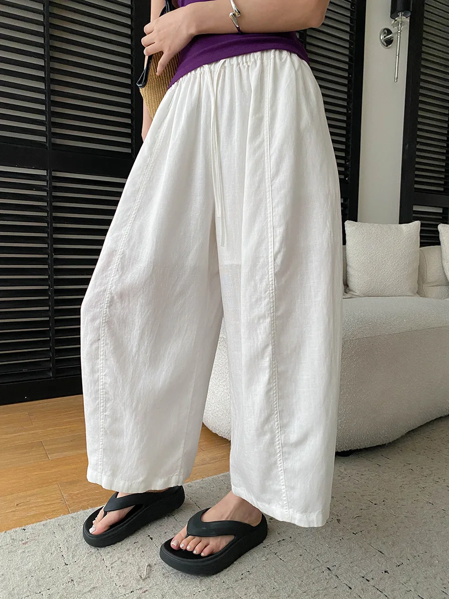 Sommerliche High-Waist-Hose mit weitem Bein für Damen, lässige, einfarbige, locker sitzende Hose – Detail 36