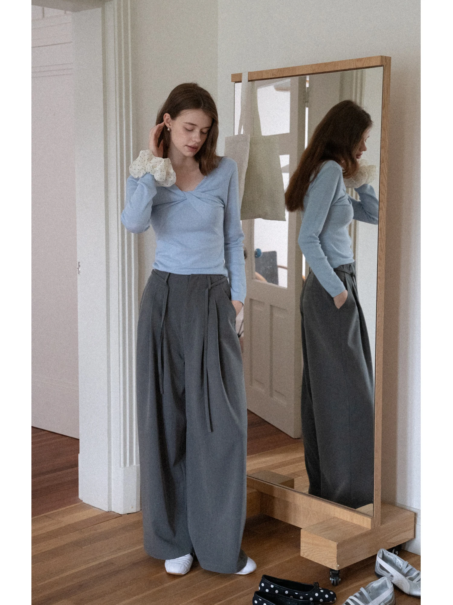 

Eggka с высокой талией, простые повседневные брюки с узлом, свободные тонкие прямые брюки с широкими штанинами, длинные брюки для поездок на работу, женская мода